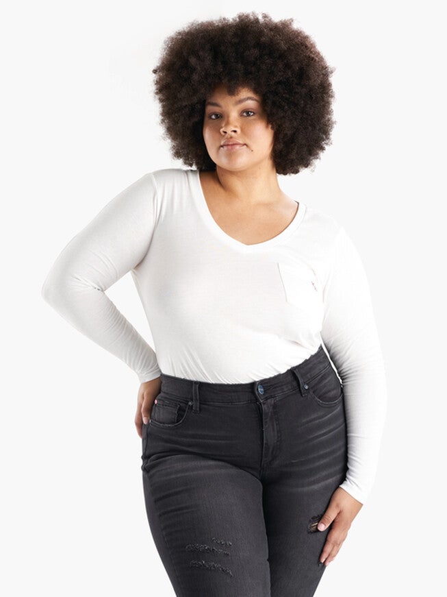 V Neck Long Sleeve T-shirt, WHITE / Ivory, alternate image number 3