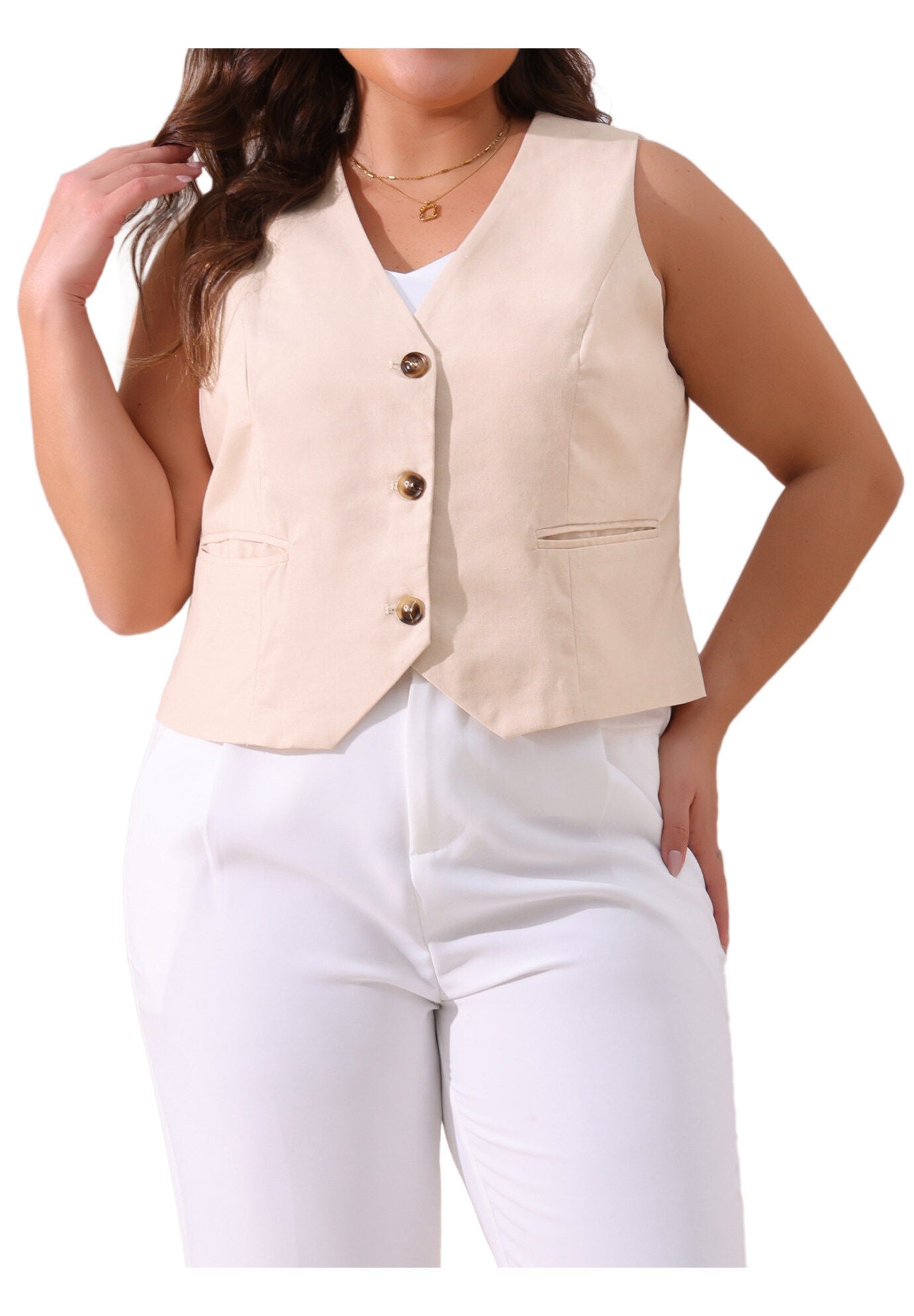 Linen Waistcoat Sleeveless Lined Vest Jacket, Beige / Beige, alternate image number 2
