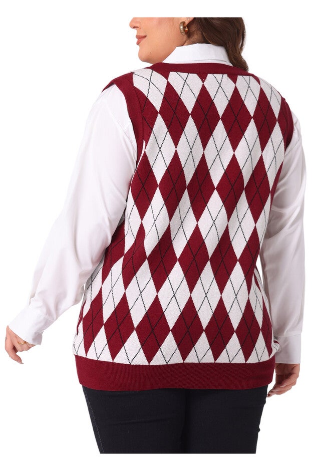 Plaid Cable Knit Sleeveless Pullover Top Sweater Vest, Burgundy / Red, alternate image number 3