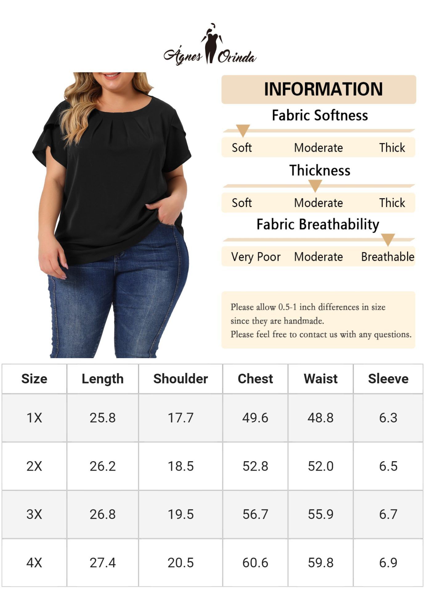 Round Neck Pleated Top Tulip Sleeves Blouse Top, Black / Black, alternate image number 4