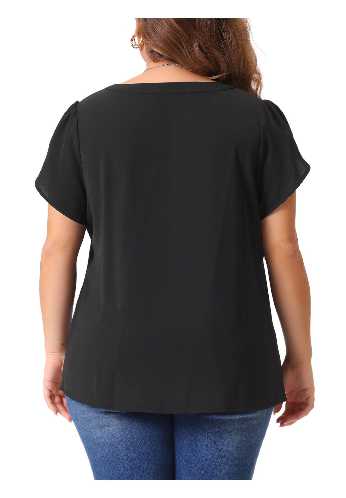Notched V Neck Short Petal Sleeve Shirt Top, Black / Black, alternate image number 3