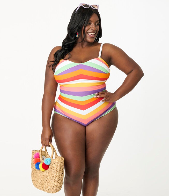 Unique Vintage Plus Size Rainbow Stripe Barbara One Piece Swimsuit, Light Blue / Light Blue, hi-res image number 0