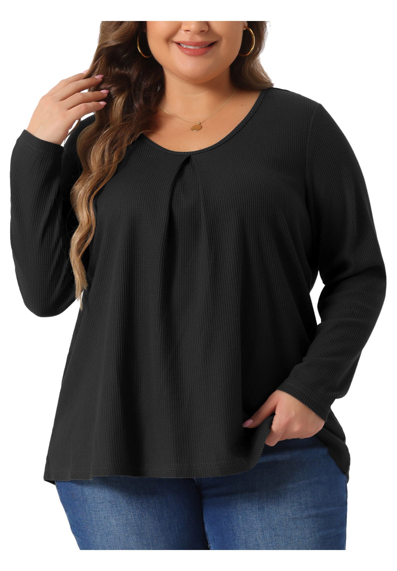 Crew Neck Pleat Front Long Sleeve Waffle Knit Blouse Shirt, Black / Black, alternate image number 2