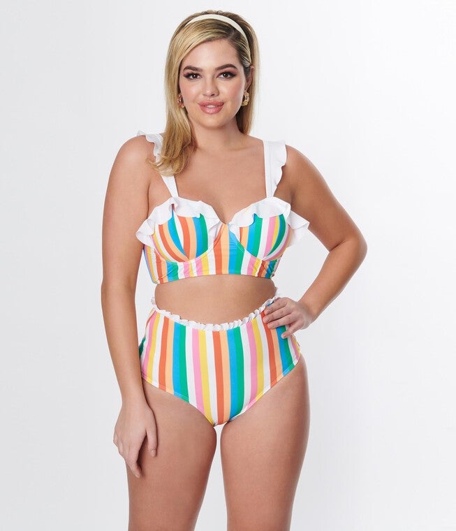 Unique Vintage Rainbow Striped Southampton Swim Top, , alternate image number 8