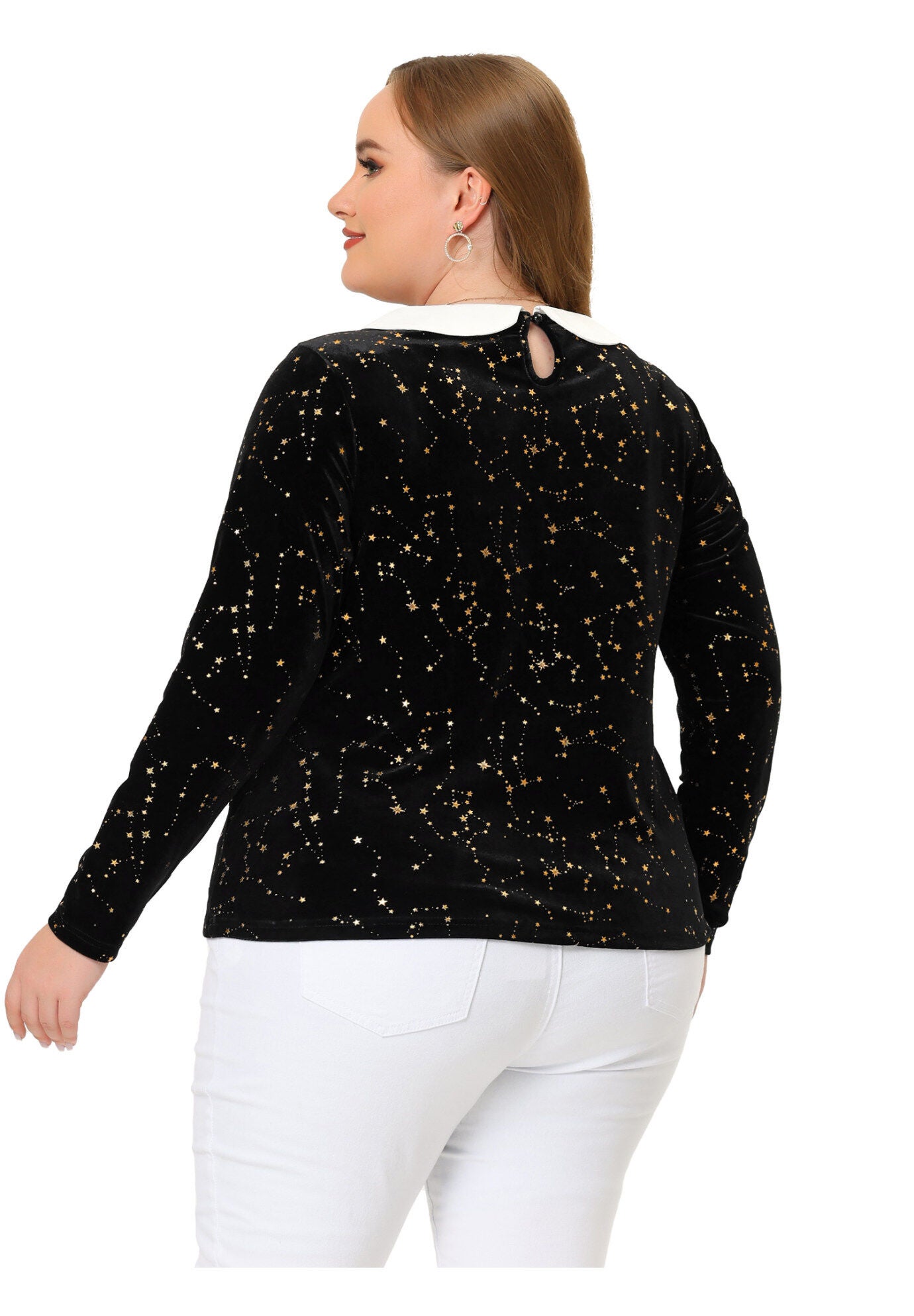 Peter Pan Long Sleeve Vintage Star Print Doll Collar Velvet Top, Black / Black, alternate image number 3