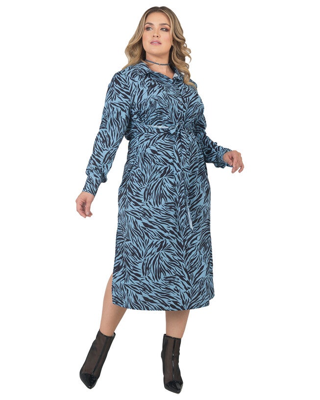 Plus Size Shoshanna Tie-Front Long Sleeve Midi Shirt Dress, Zebra Fever / Azure Blue, hi-res image number 0