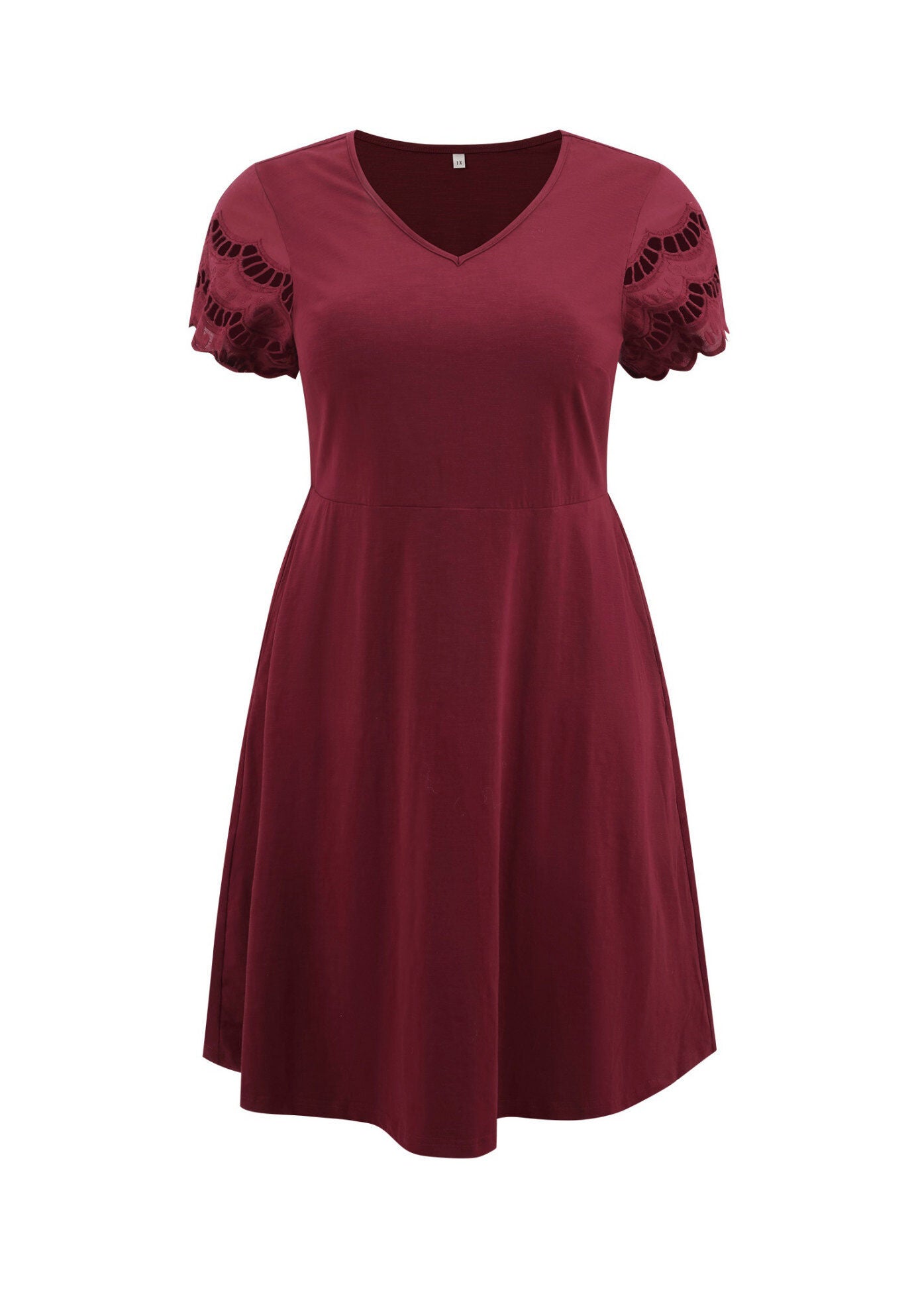 V Neck Embroidered Hollow Eyelet Short Sleeve Midi Casual Dress with Pockets, Burgundy / Burgundy, alternate image number 3