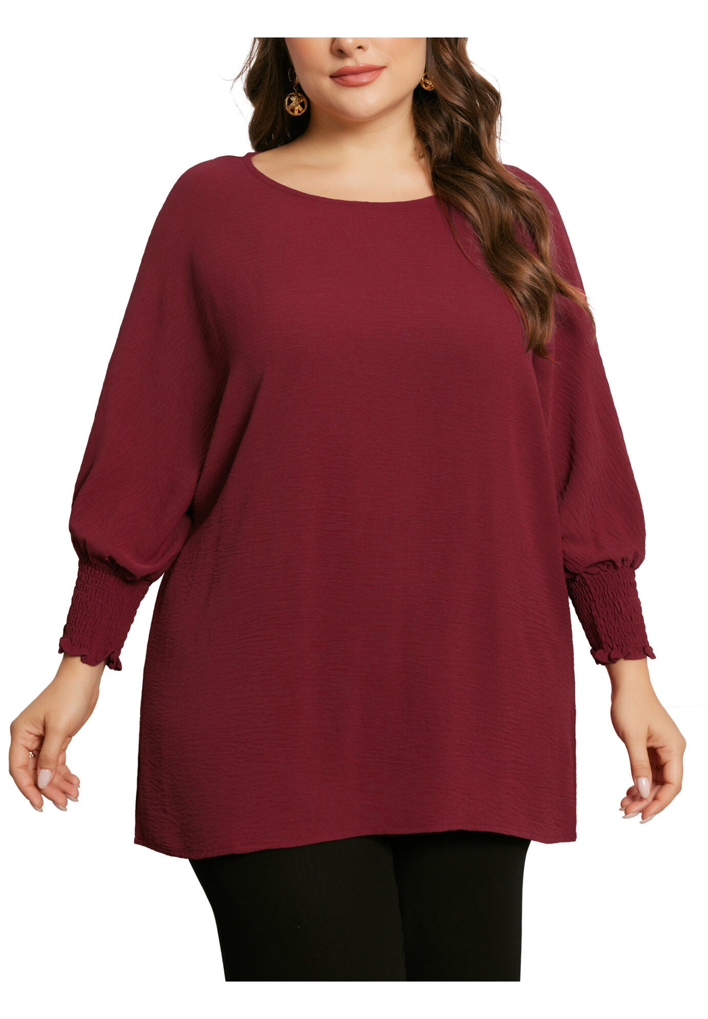 Chiffon Top Batwing Ruffle Long Sleeve Loose T-Shirt Blouse, Burgundy / Burgundy, alternate image number 1