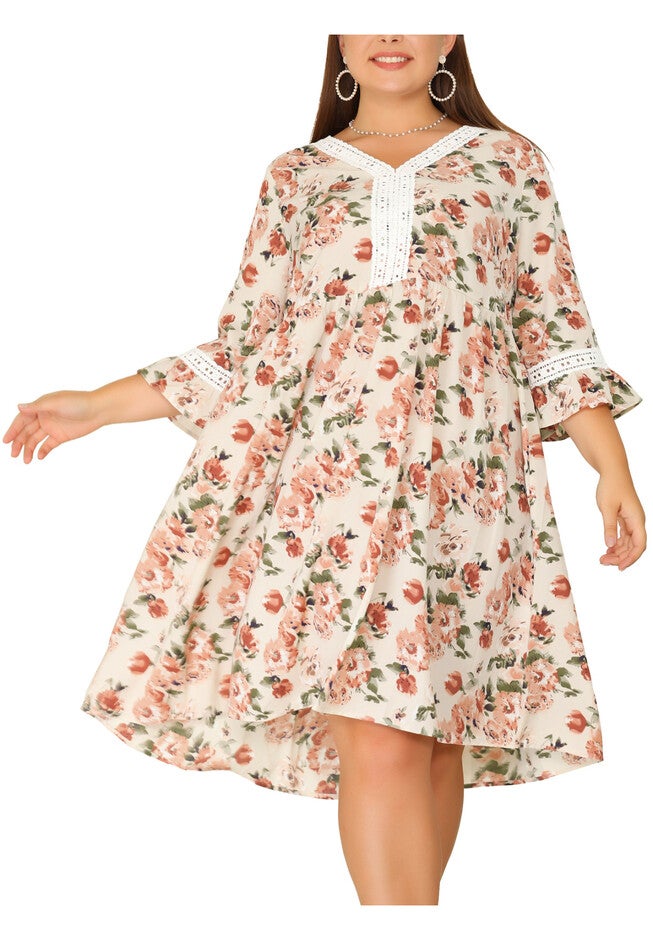 Vintage Lace Floral Ruffle V Neck 3/4 Sleeve Midi Babydoll Dress, Pink / Pink, alternate image number 2