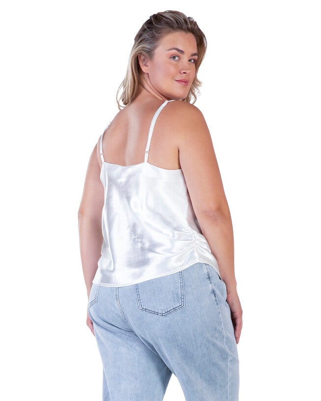 Elecktra Womens Plus Size Cowl Neck Ruched Waist Satin Crop Top, Silver / Silver, alternate image number 3
