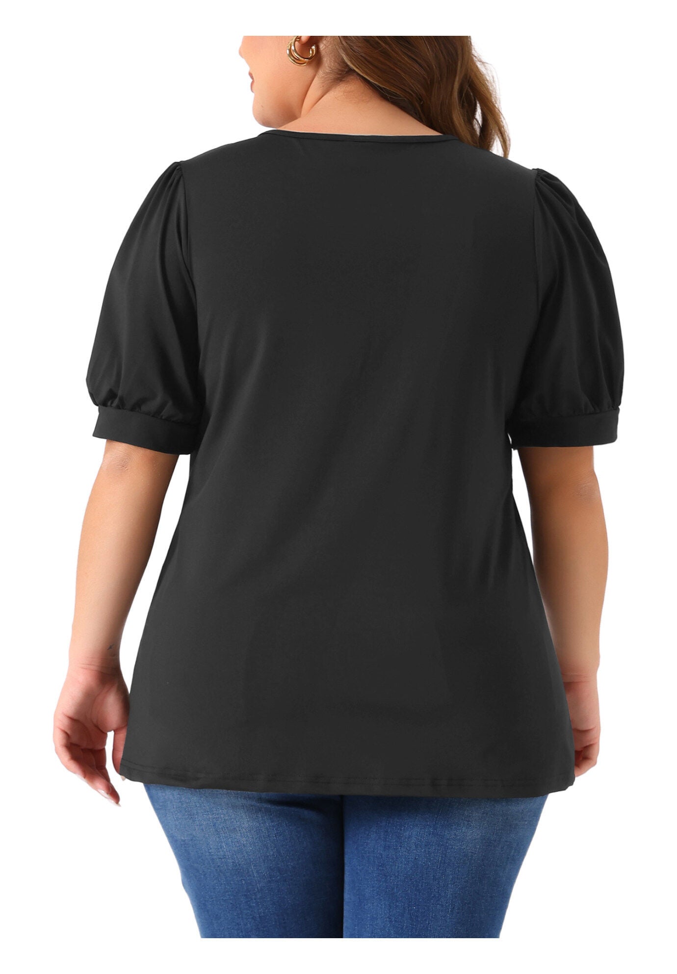 Puff Short Sleeve Crew Neck Pleated Tunic Blouse, Black / Black, alternate image number 3