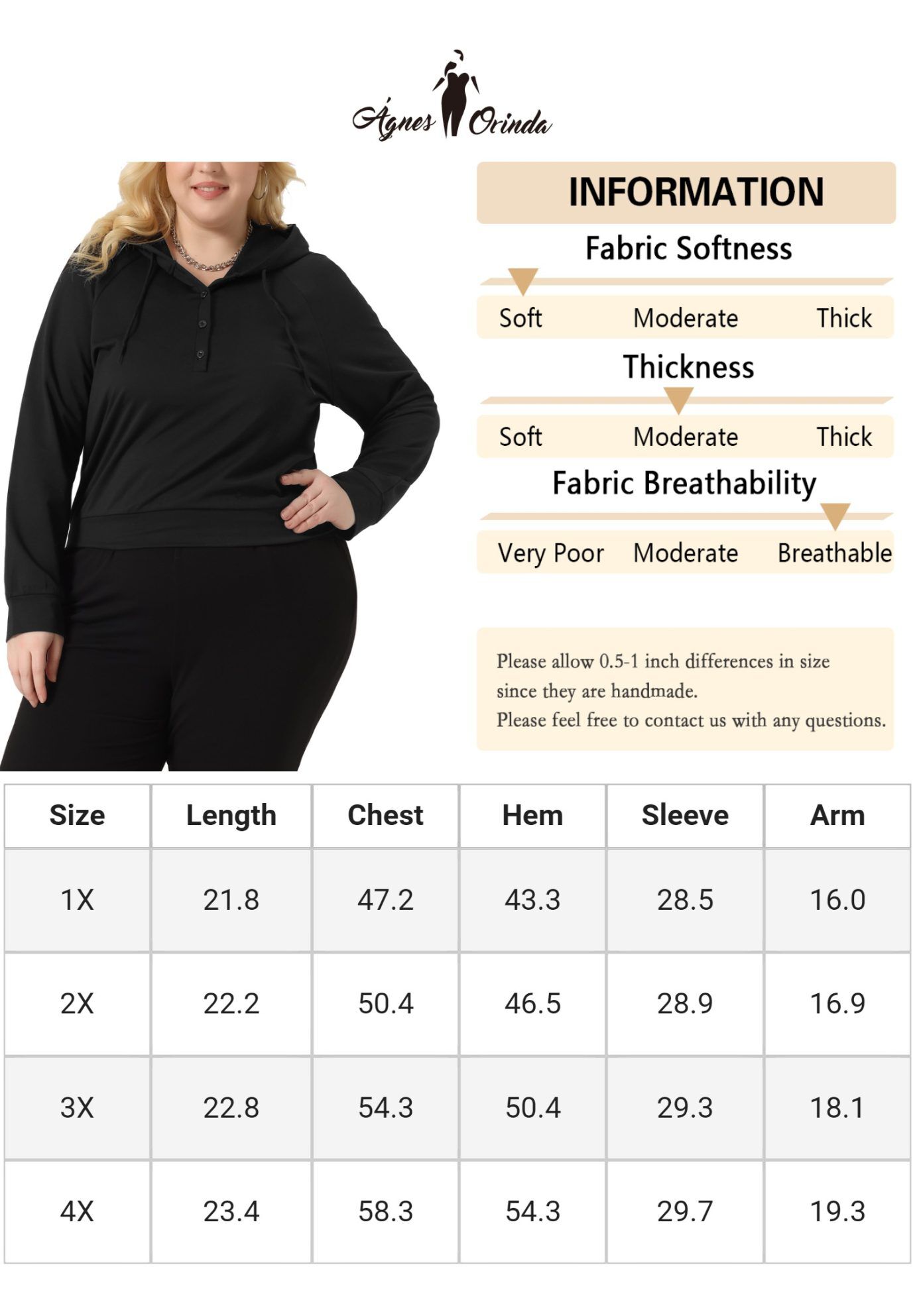 Button Collar Drawstring Hoodies Pullover Sweatshirt Top, Black / Black, alternate image number 4