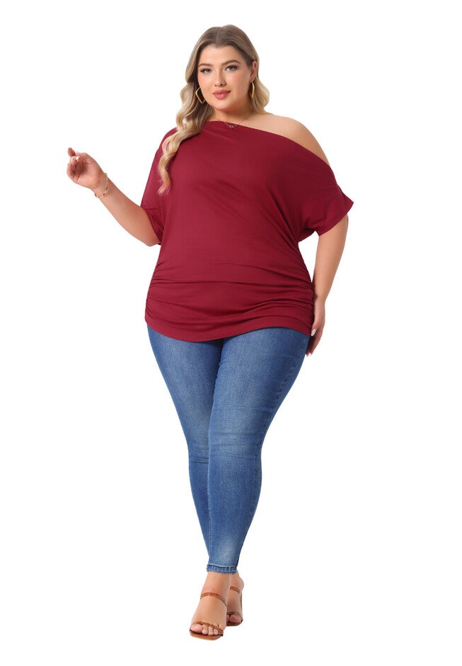 ONE SHOULDER SHORT SLEEVE RUCHED TOP, Burgundy / Burgundy, hi-res image number null