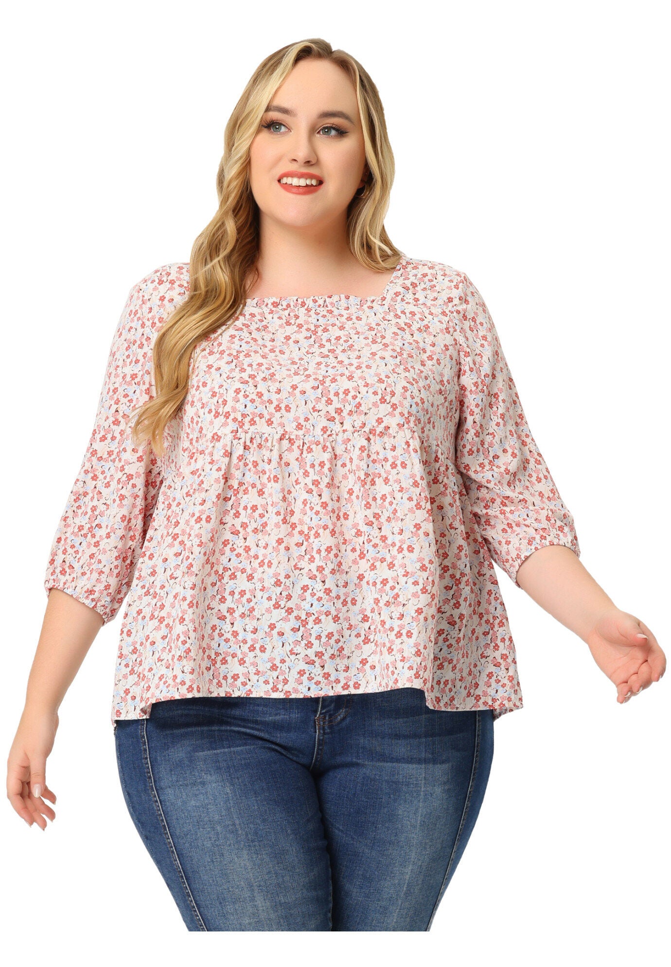 3/4 Sleeve Floral Peplum Babydoll Blouse, Pink / Pink, hi-res image number 0