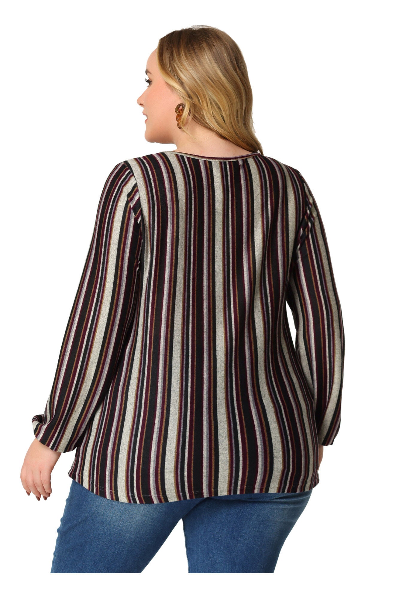 Boho Color Block Elastic Cuff Long Sleeve Striped Top, Multicolor B / Brown, alternate image number 1
