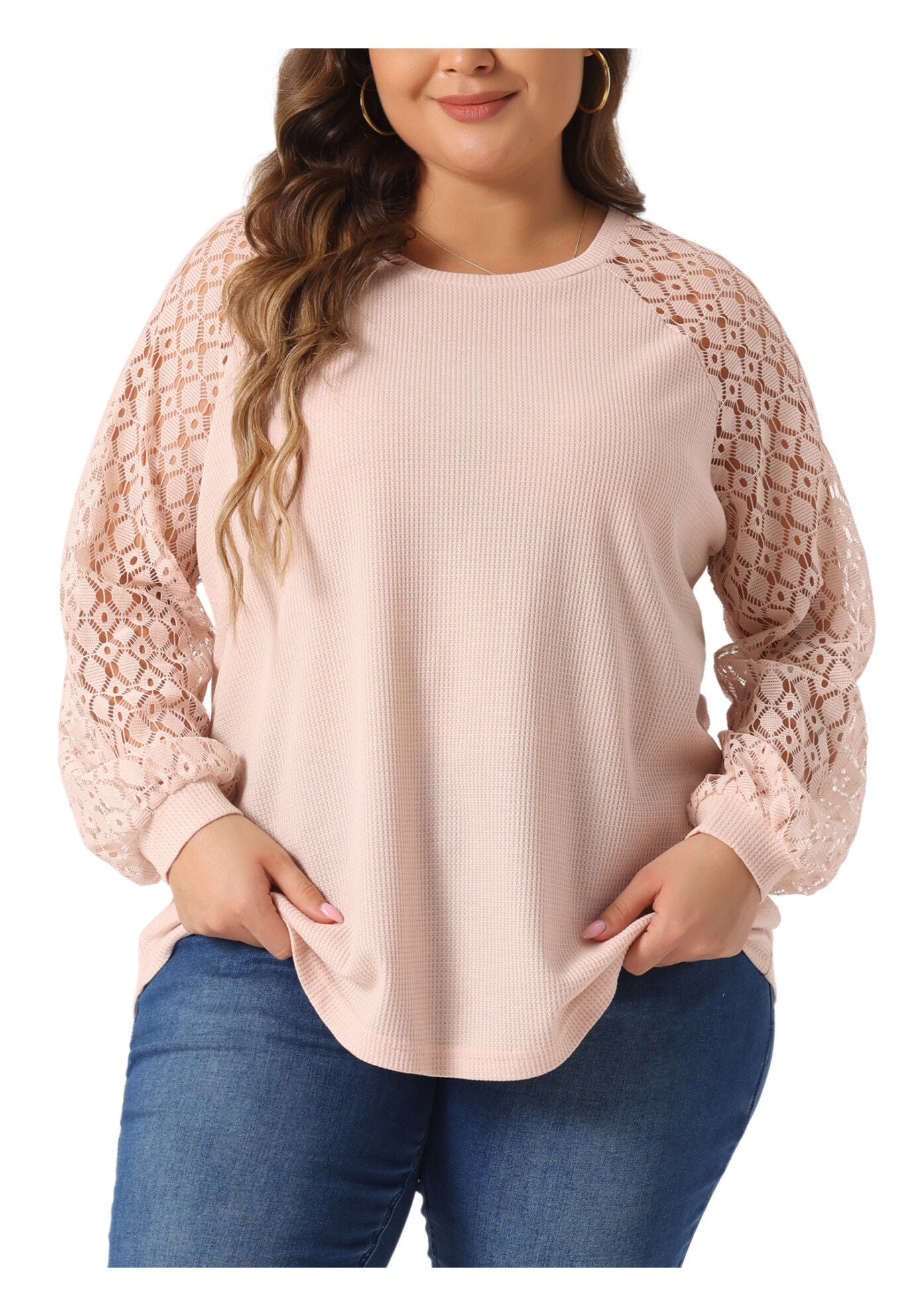 Lace Crew Neck Long Sleeve Loose Blouse, Light Pink / Pink, alternate image number 2