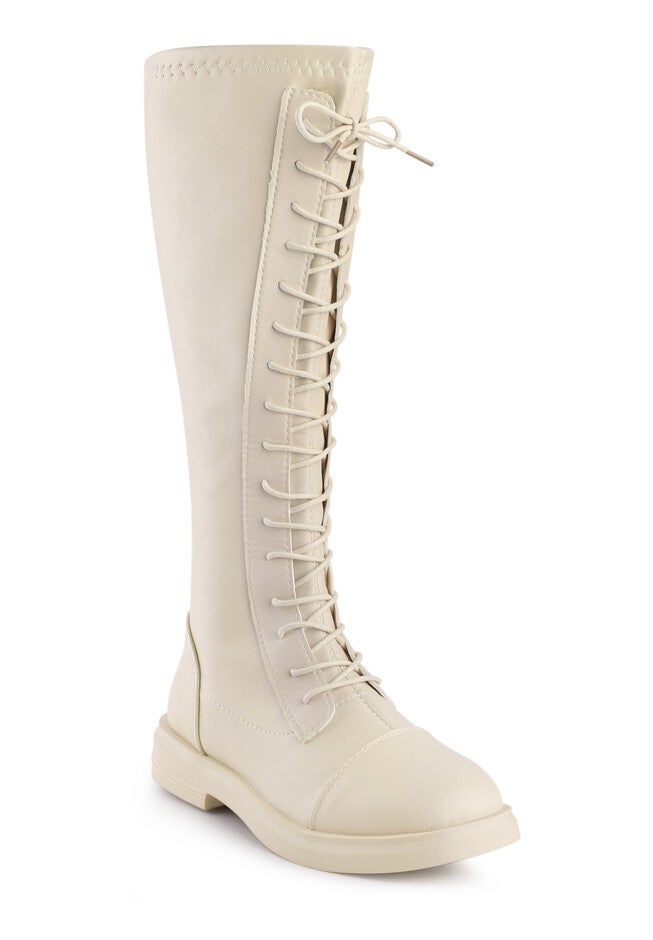 Lace Up Lug Sole Flat Low Heel Knee High Combat Boots, Beige / Beige, hi-res image number null