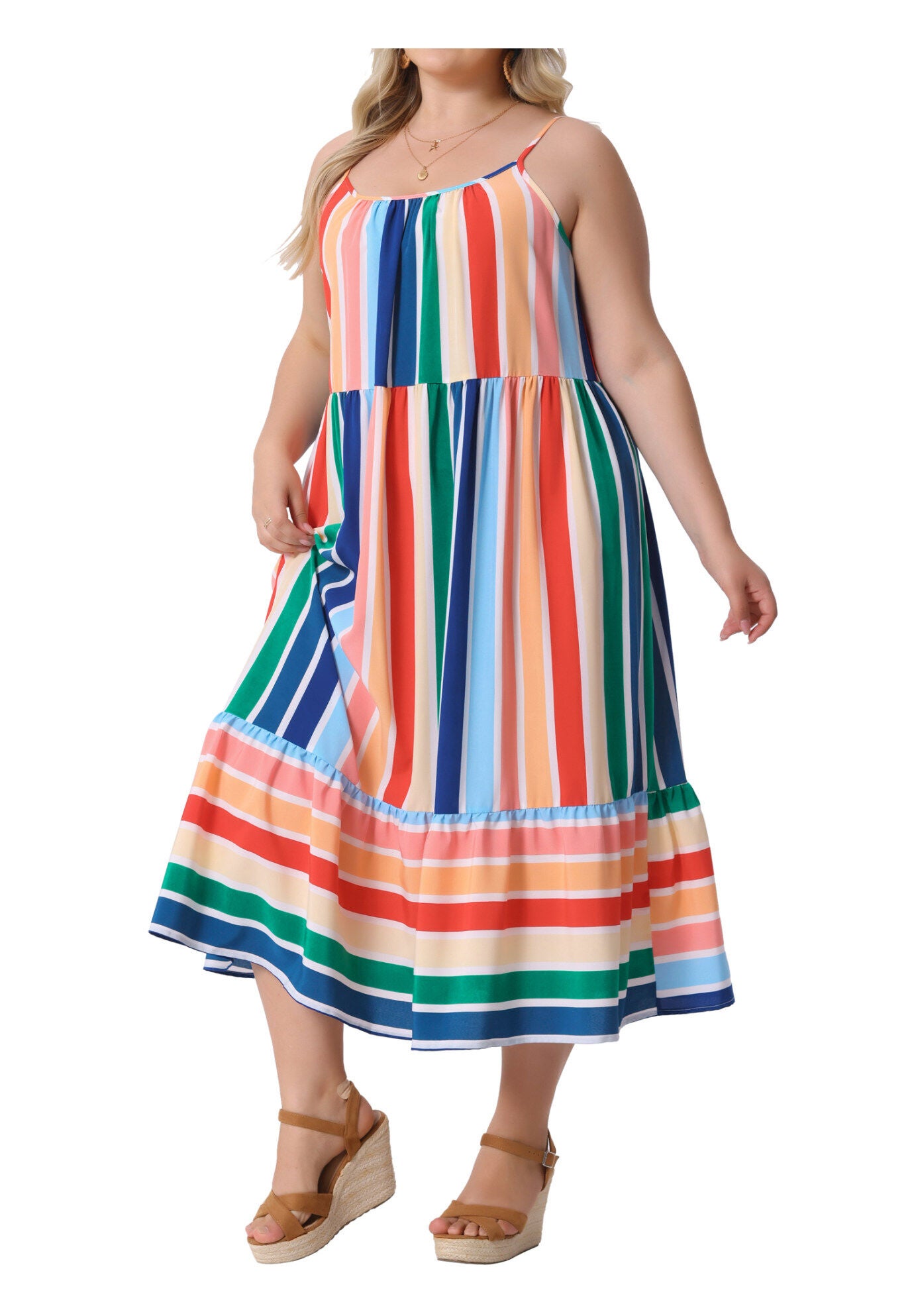 Summer Sleeveless Adjustable Straps Striped Loose Midi Cami Dress, Green Pink / Pink, alternate image number 1