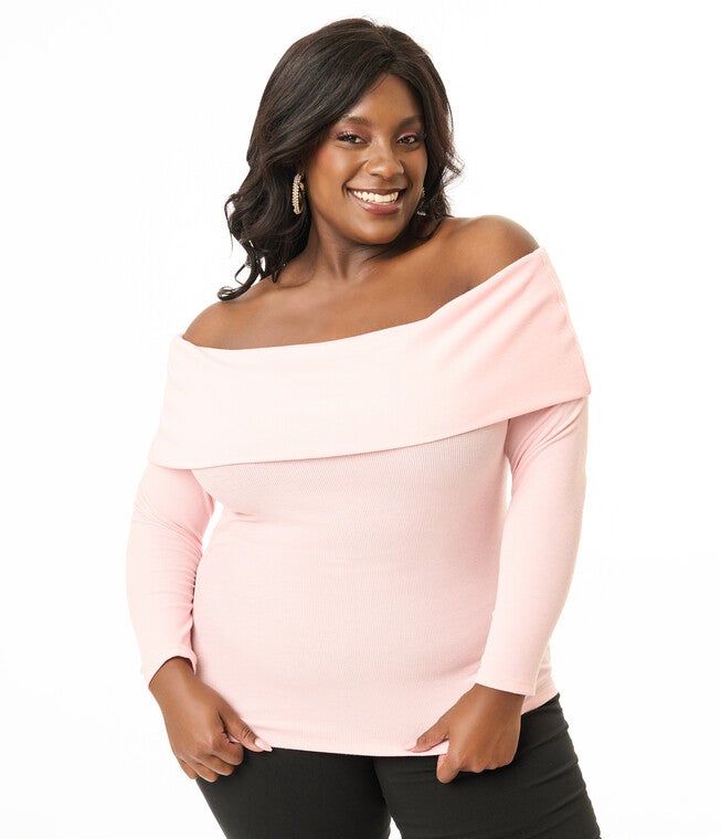 Unique Vintage Plus Size 1960s Light Pink Folded Shoulder Knit Top, Pink / Pink, alternate image number 2