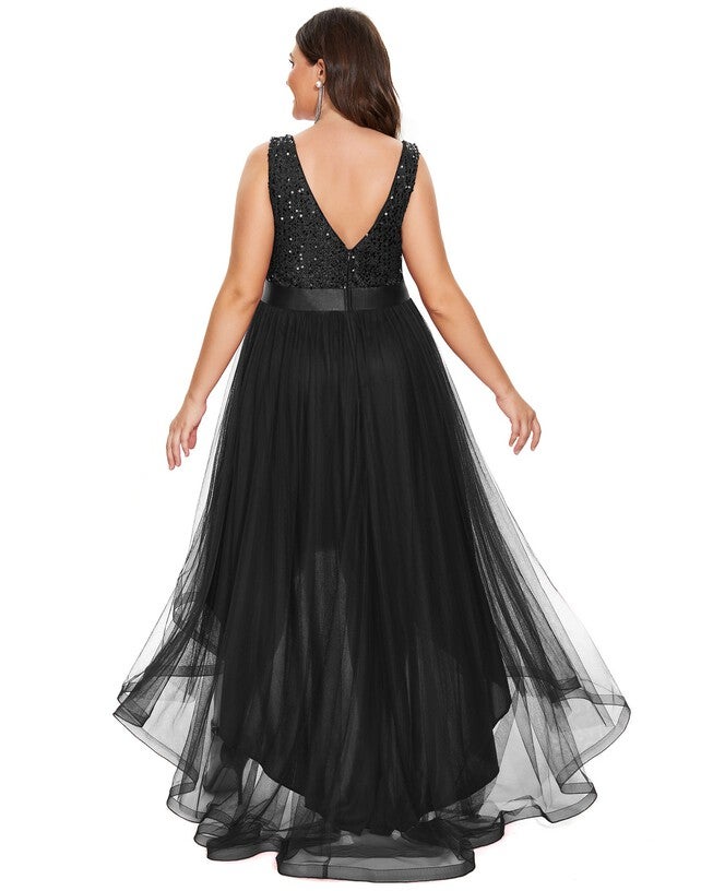 Sleeveless Sequin Ribbon Waist Tulle High Low Evening Dress, , alternate image number 5