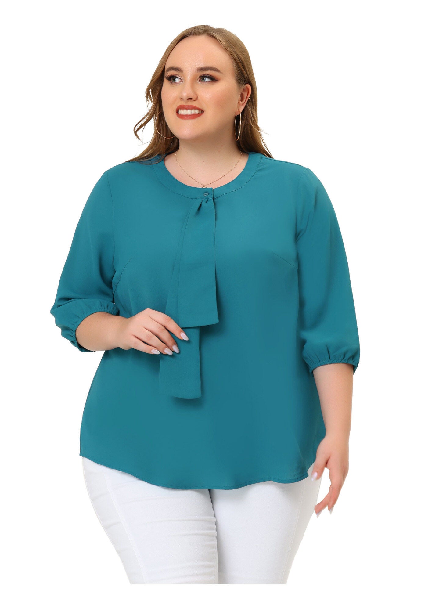 Work Round Neck Ruffle Chiffon Blouse Top, Blue Green / Quetzal Green, alternate image number 2