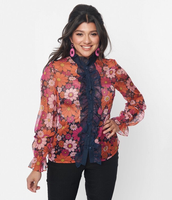 Smak Parlour Mod Daisy & Navy Ruffle Neck Blouse, , alternate image number null