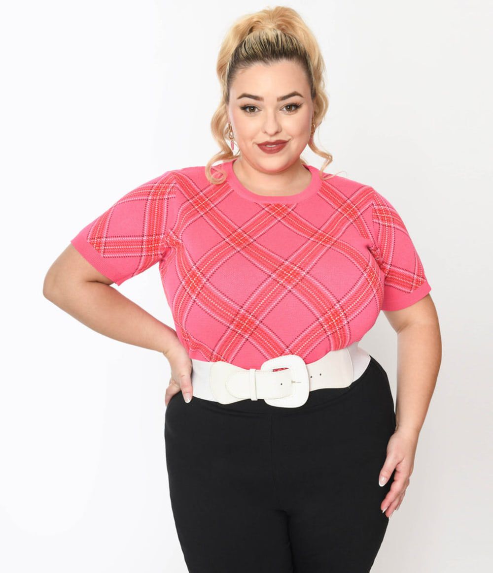 Unique Vintage Hot Pink Bias Plaid Short Sleeve Sweater, Hot Pink Bias Plaid / Pink, hi-res image number 0
