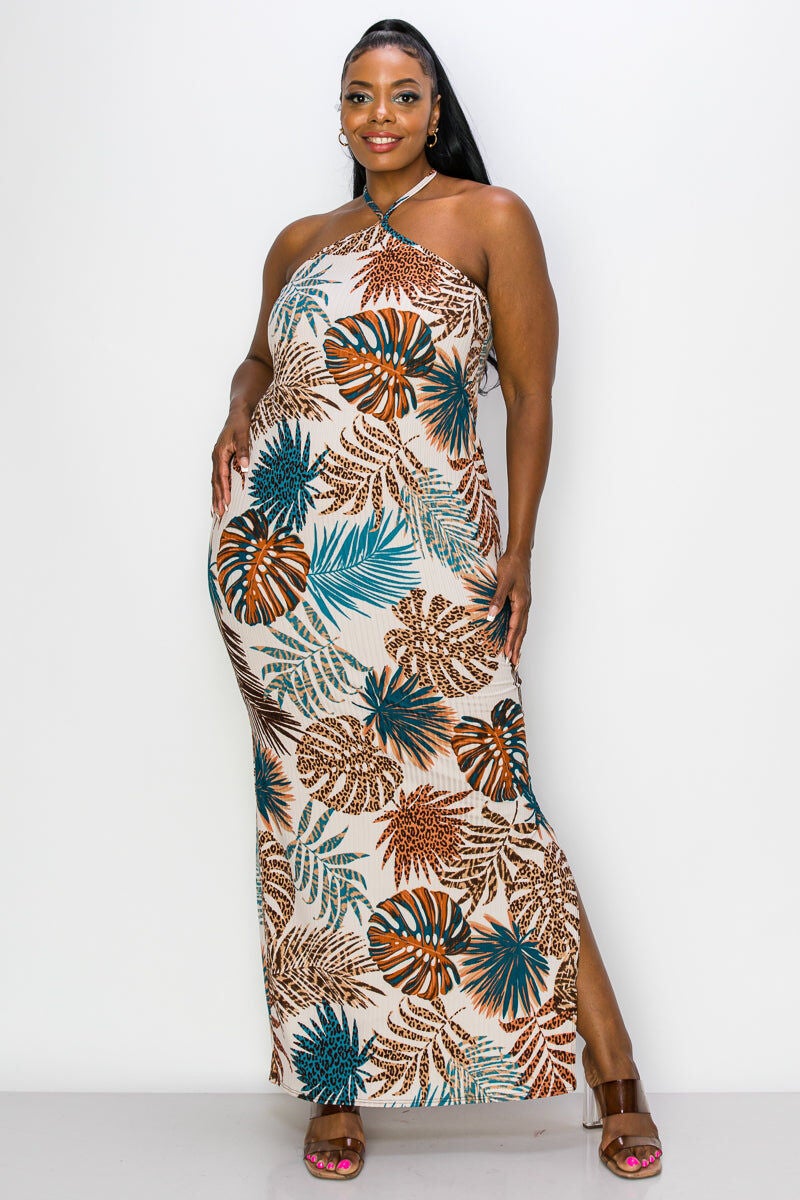 MALIA HALTER NECK MAXI DRESS, TaupeTeal / Taupe, hi-res image number 0