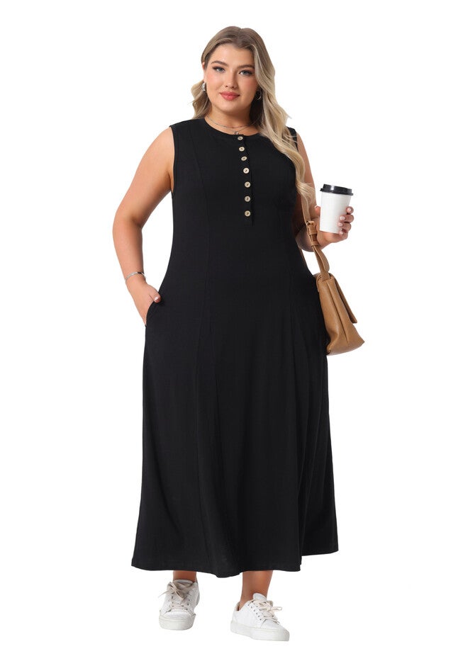 Summer Sleeveless Button A Line Tank Maxi Dress with Pockets, Black / Black, hi-res image number 0