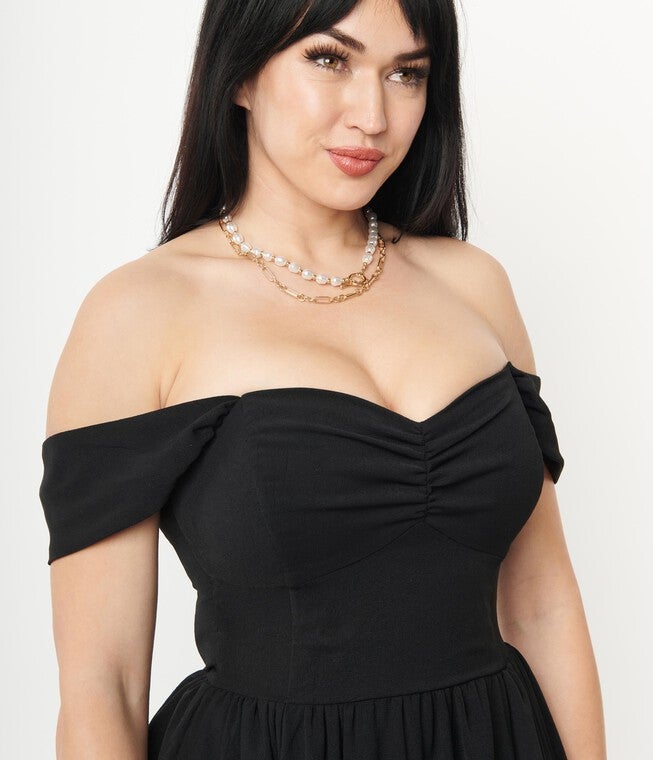 Unique Vintage Black Off Shoulder Swing Dress, , alternate image number null