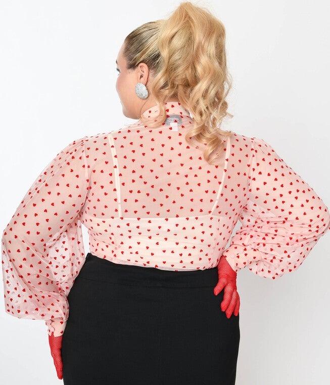 Unique Vintage Pink & Red Hearts Gwen Blouse, Pink Red Hearts / Pink, alternate image number 3