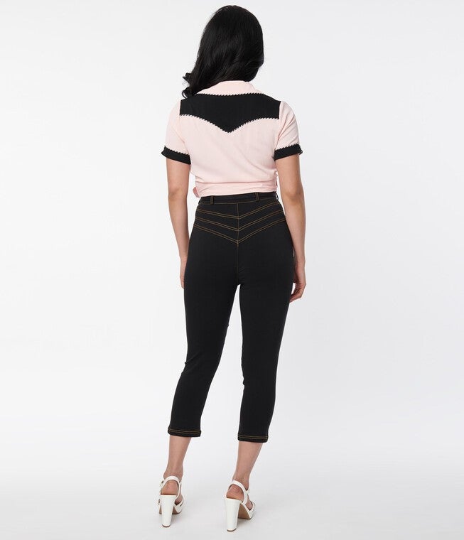 Unique Vintage Black Yoke Waist Capris, , alternate image number 7