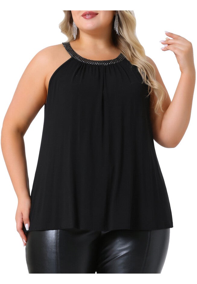 Sparkling Halter Neck Sleeveless Flowy Cami Top, Black / Black, alternate image number null