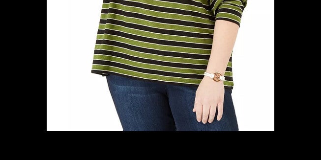 Michael Kors Women's Plus Striped Crewneck T-Shirt Green Size 0X, Green / Forest Green, alternate image number 2