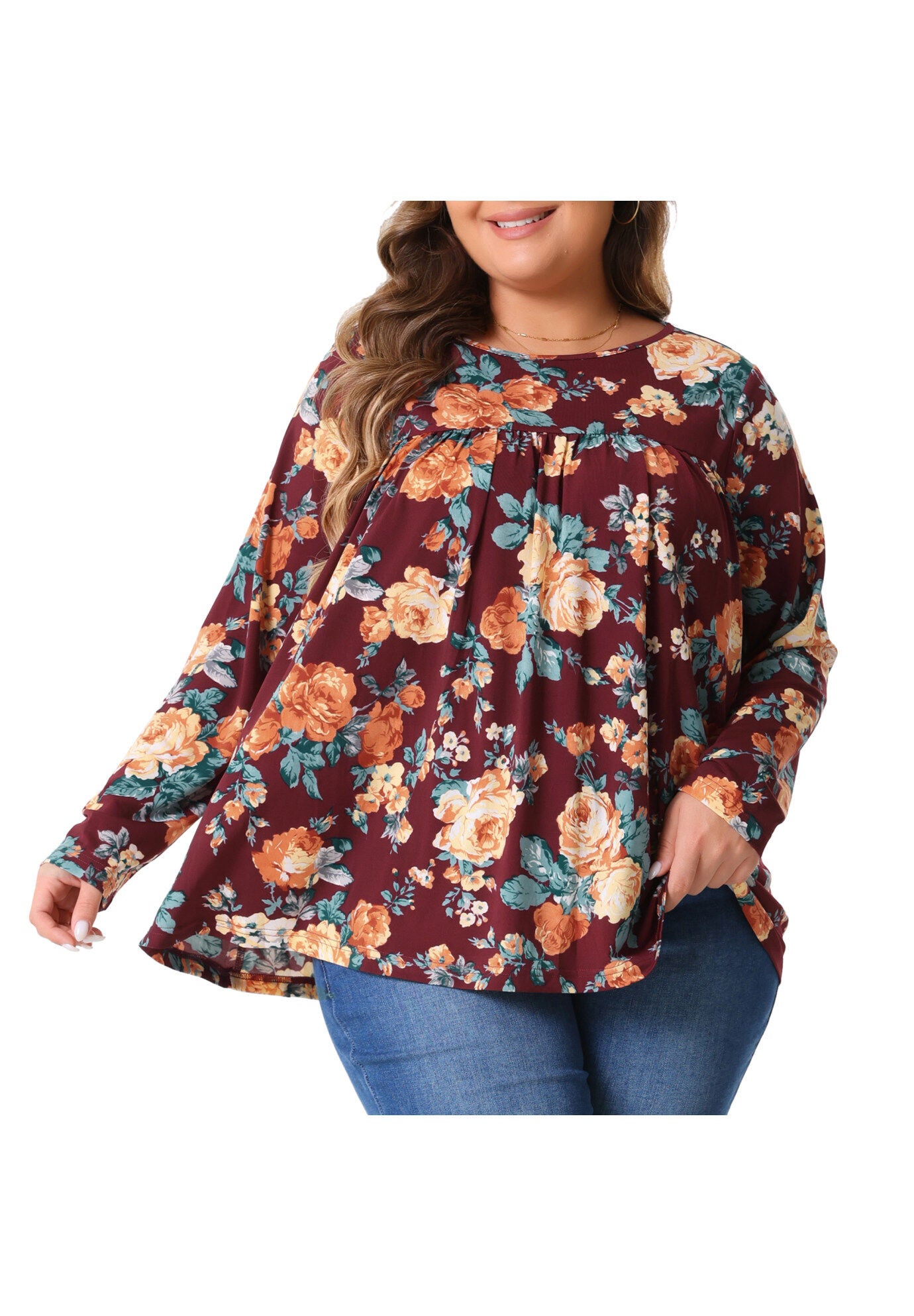 Long Sleeve Tunic Pleated Crew Neck Blouse, Burgundy / Red, alternate image number 2