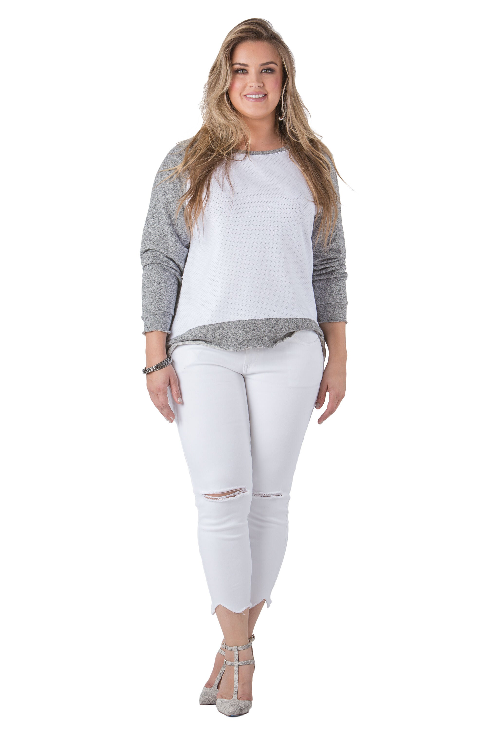Plus Size Neesa Arm Patch French Terry Long Sleeve Mesh Top, White / White, alternate image number 3