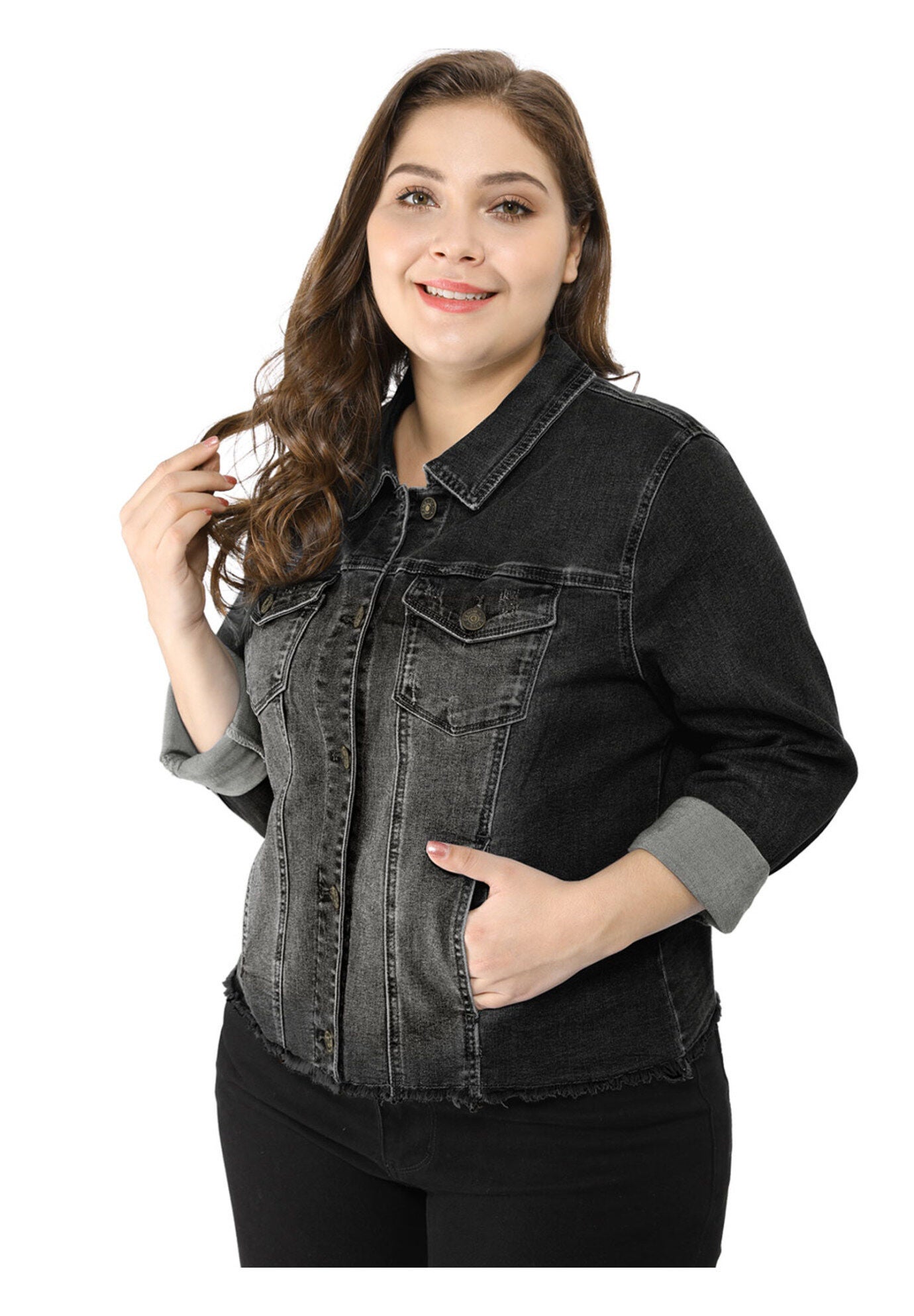 WASHED FRONT FRAYED DENIM JACKET, Black / Black, alternate image number 1