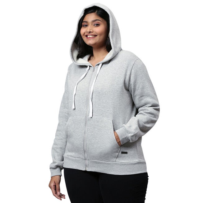 Solid Grey Front Zip Hooded Sweatshirt, Light Grey / Light Grey, alternate image number null