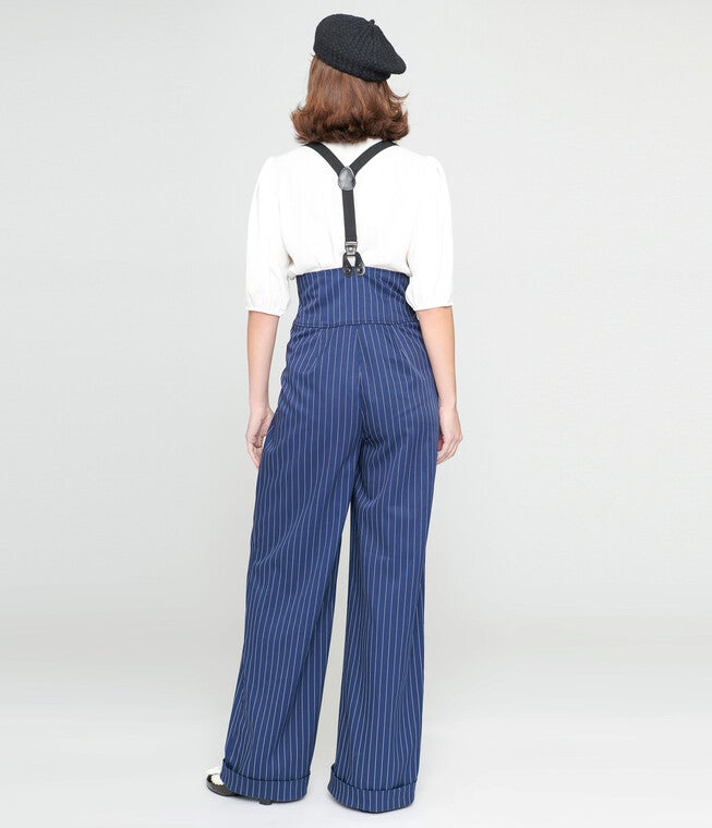 Unique Vintage Navy & White Pinstripe Thelma Suspender Pants, , alternate image number 6