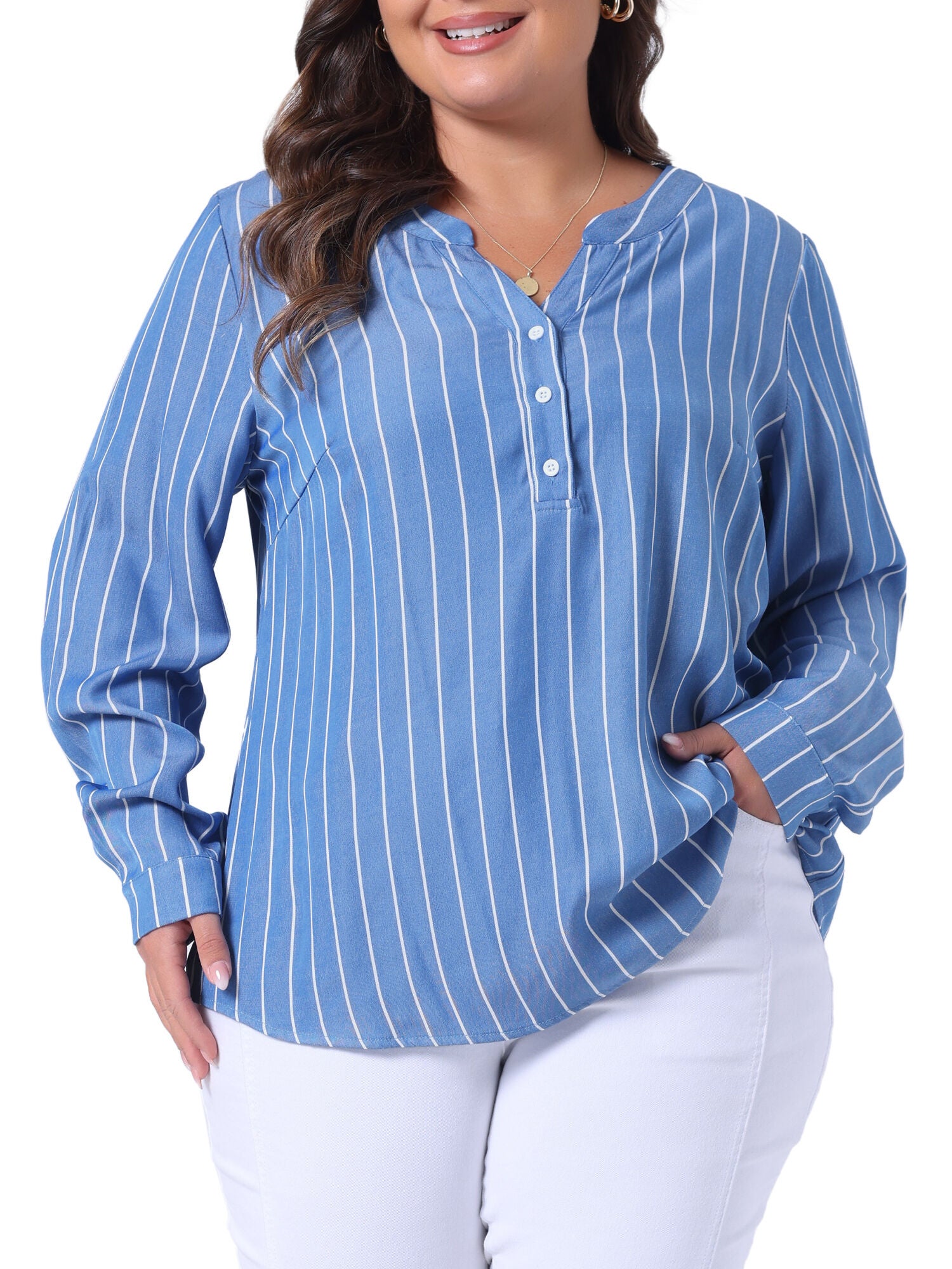 Long Sleeve Button Down Shirt Top, Blue / Light Blue, alternate image number 1