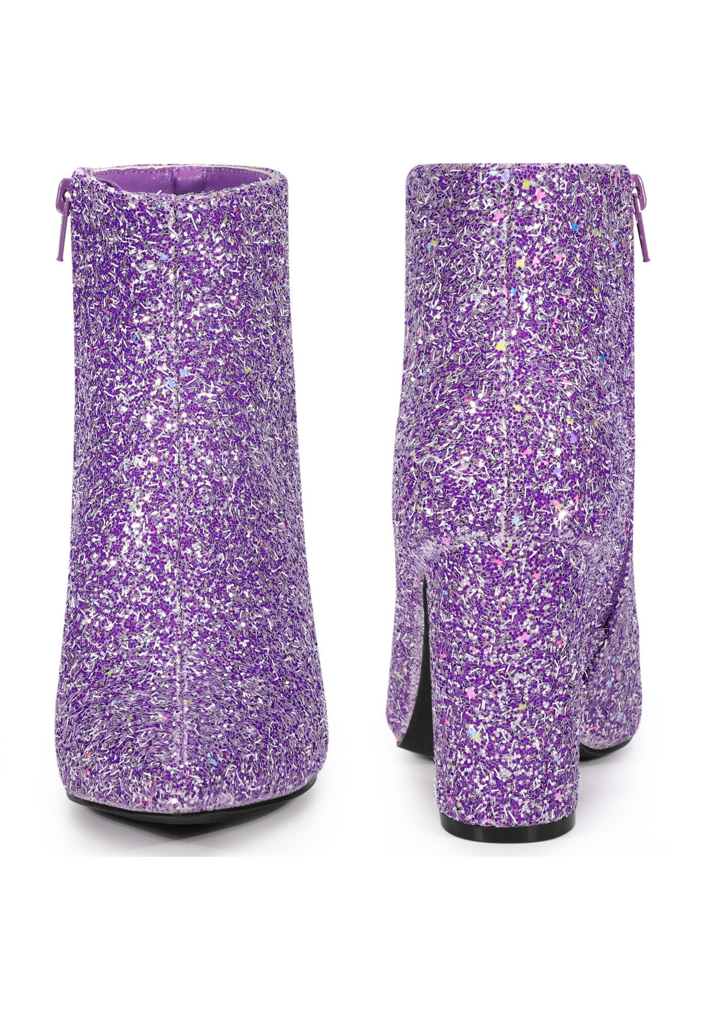Glitter Pointed Toe Chunky Heels Sparkly Booties, Purple / Purple, alternate image number 1