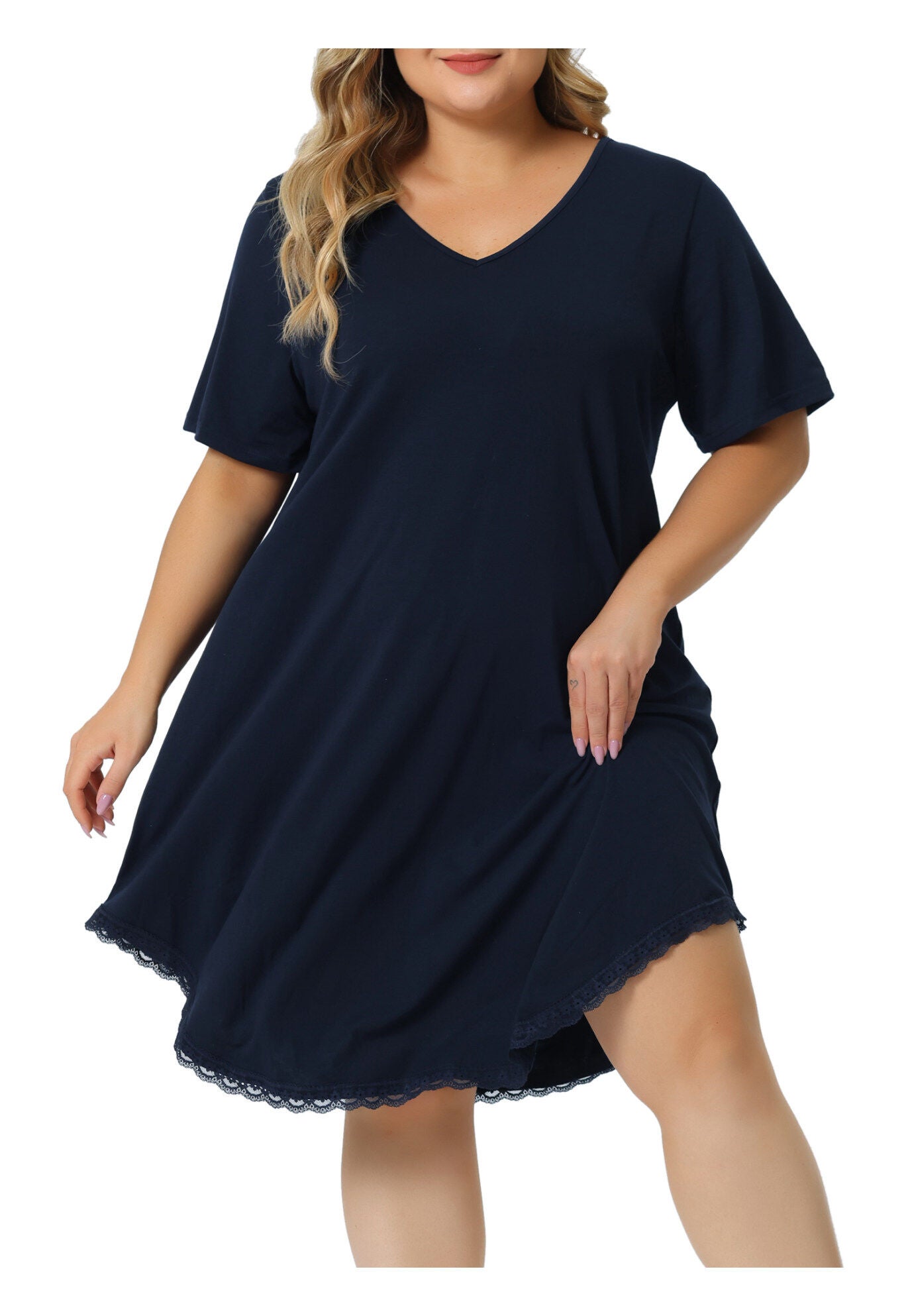 Short Sleeve V Neck Pajama Sleepdress, Royal Blue / Royal Blue, alternate image number 2
