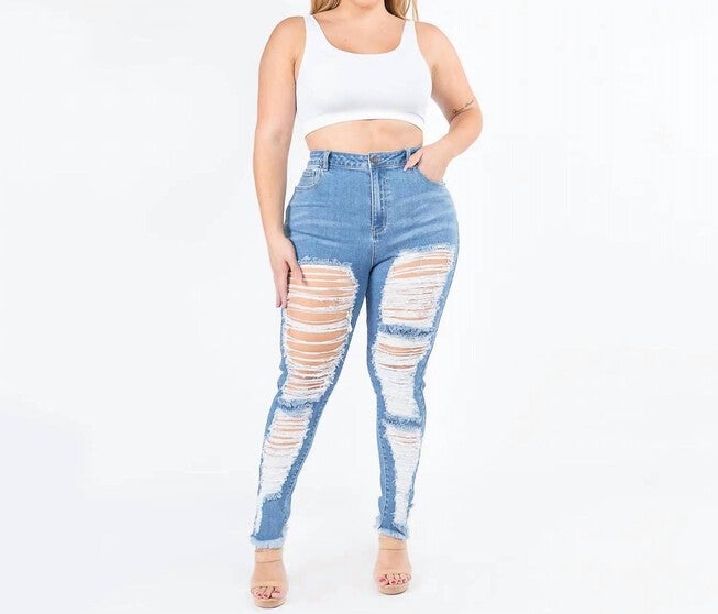 HIGH WAIST DISTRESSED SKINNY JEANS IN BLUE, Blue / Light Wash, alternate image number null