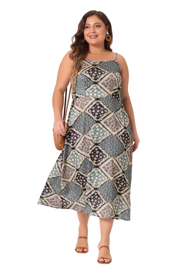 Bohemian Sleeveless Spaghetti Strap Midi Summer Dress, Green Brown / Brown, hi-res image number 0