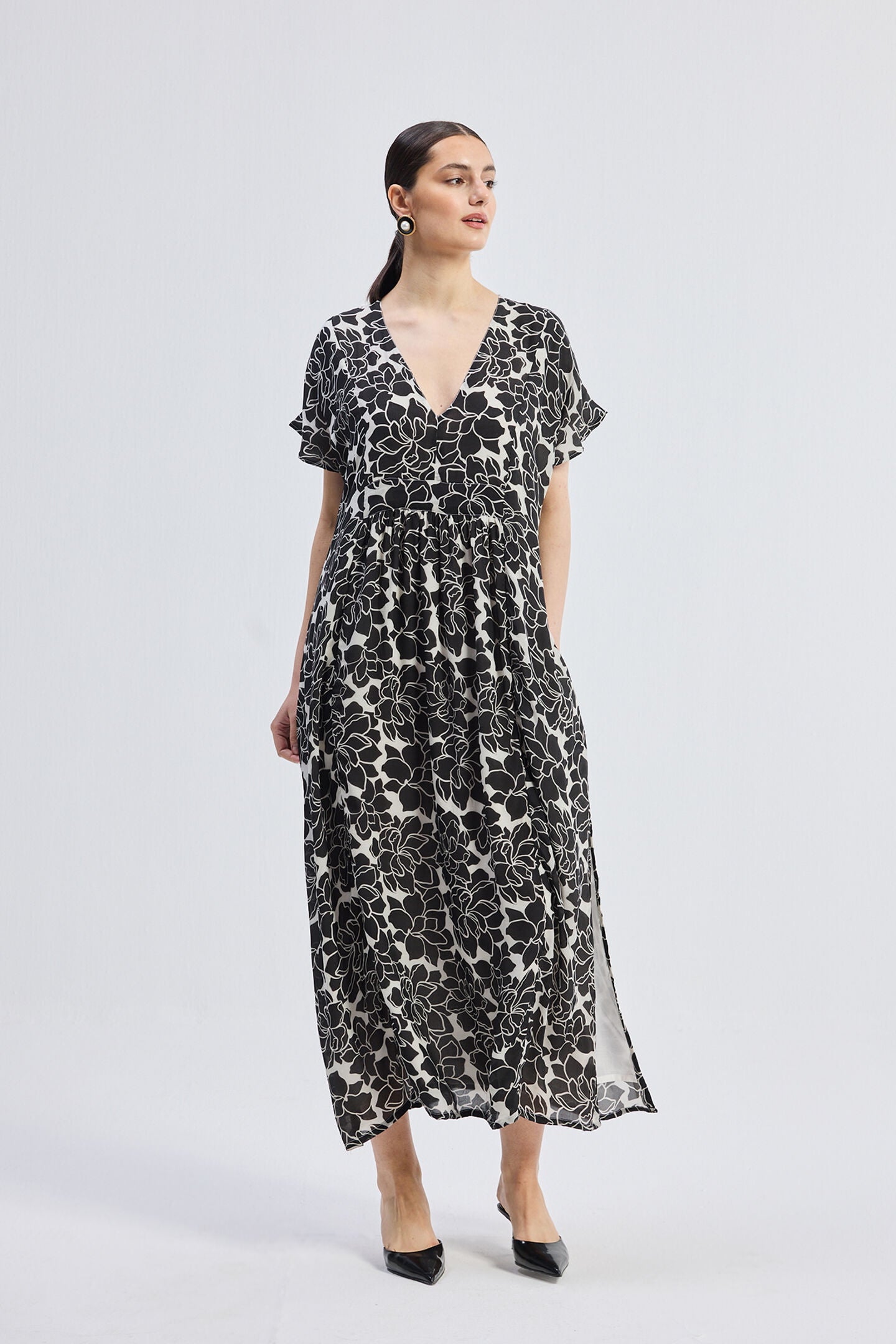 Deep V-neck Maxi Dress with Front Gathers in Black Florals, Midnight Bloom / Black, alternate image number 4