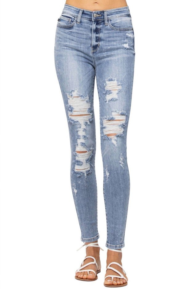 DESTROYED SKINNY JEAN IN BLEACH SPLASH, Bleach Splash / Light Wash, hi-res image number 0