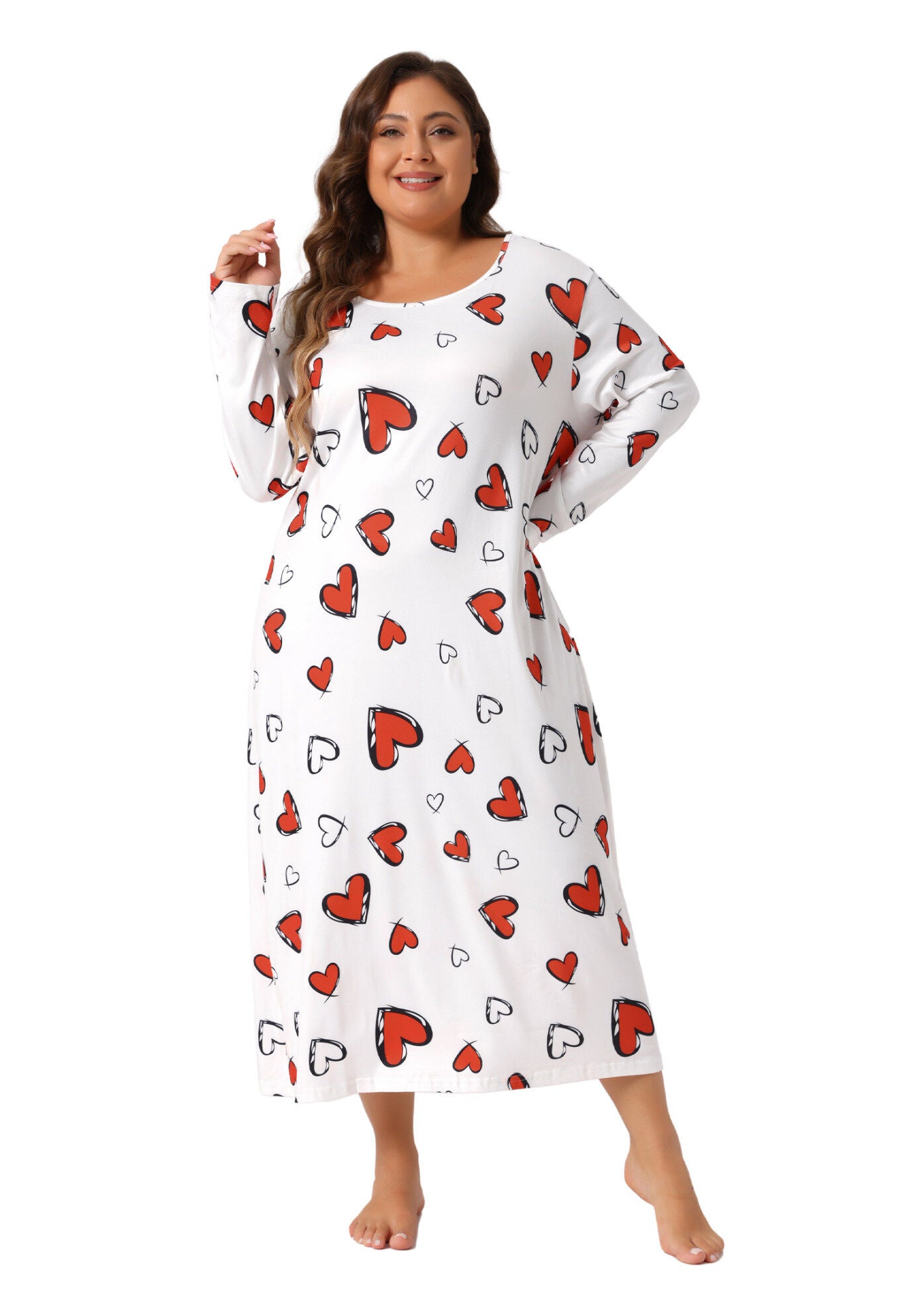 Crew Neck Long Sleeve Print Sleep Dress, White / White, hi-res image number 0