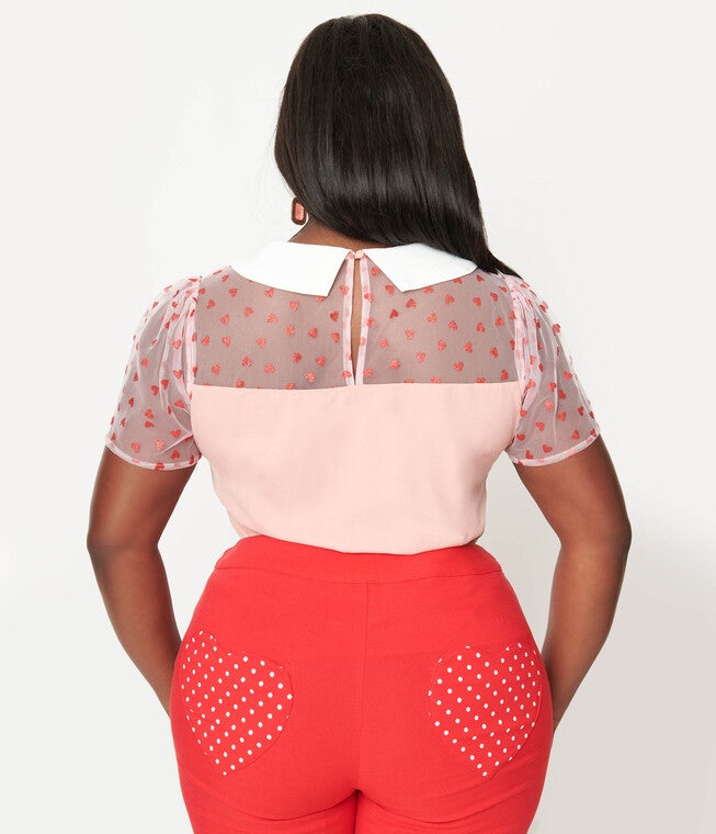 Smak Parlour Pink & Red Hearts Collared Bow Blouse, PinkRed Hearts / Pink, alternate image number 1