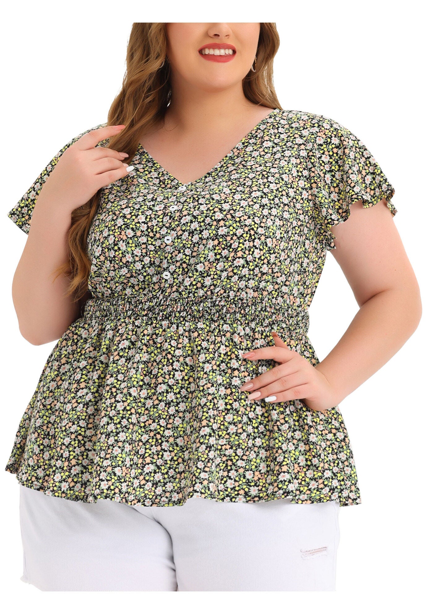 Button V Neck Smocked Waist Flare Short Sleeve Peplum Floral Blouse, Black / Black, alternate image number 1