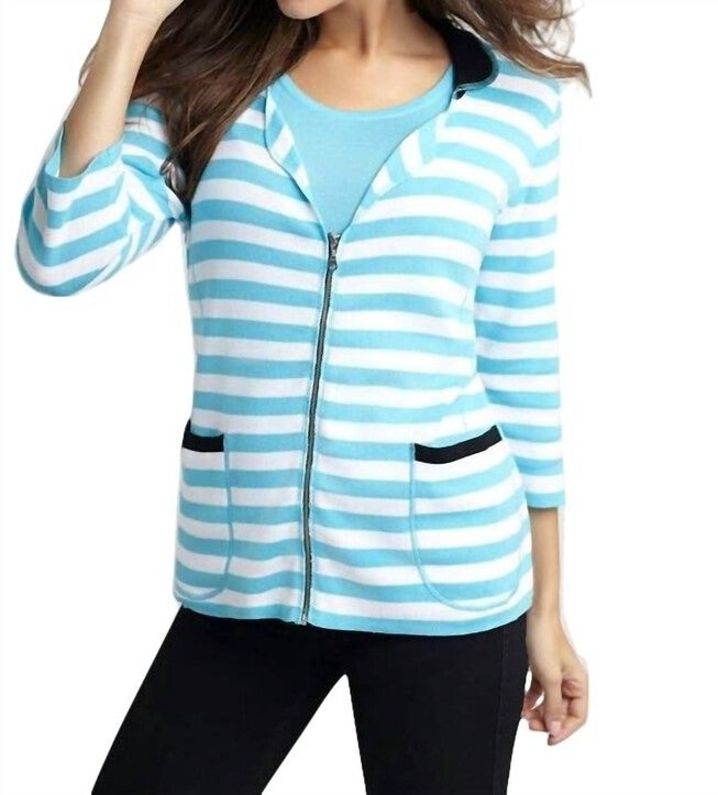 COLORBLOCK STRIPED CARDIGAN IN WHITE/TURQUOISE, WhiteTurquoise / White, hi-res image number 0